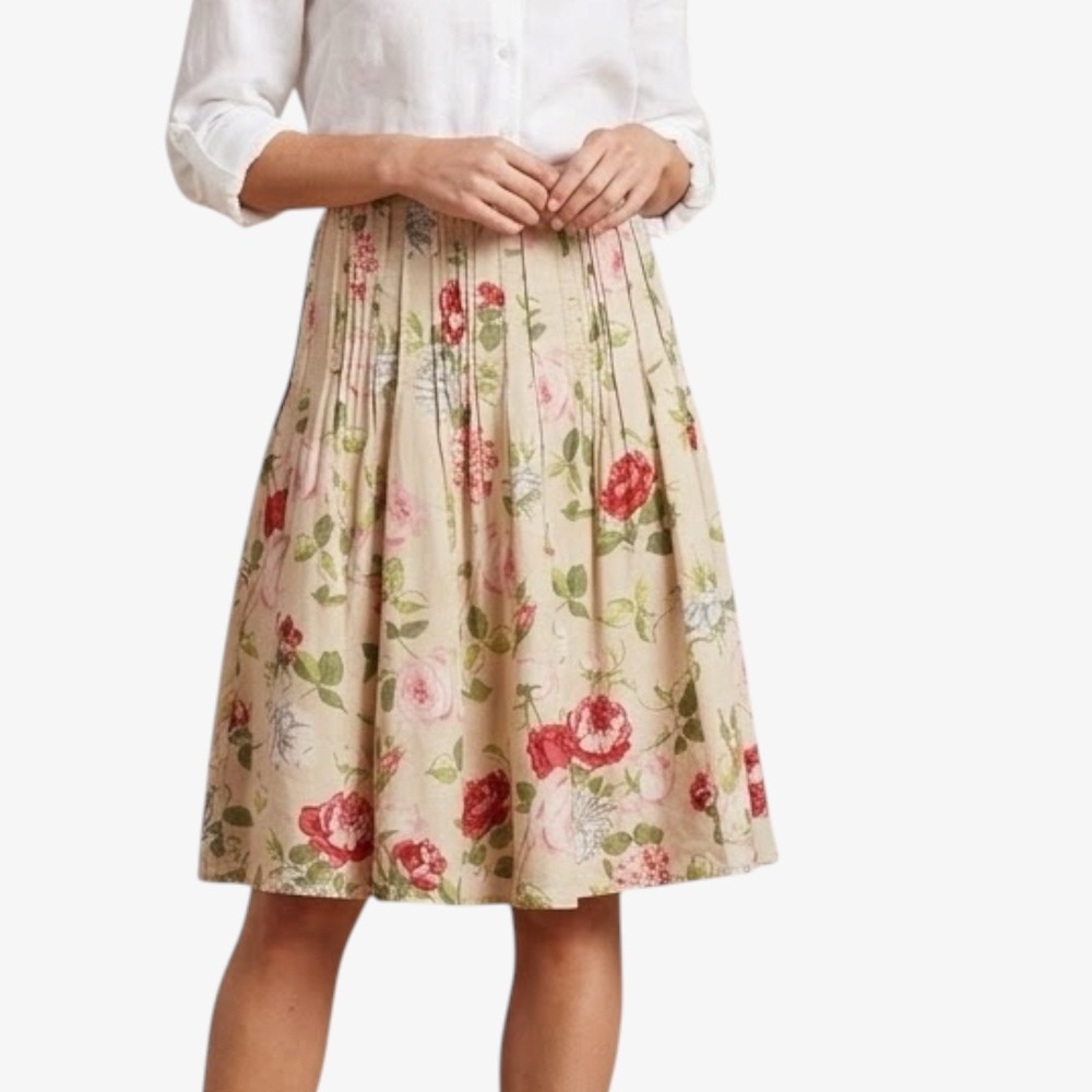 Cabi Floral Pleated Skirt Beige Red Rose Cotton Knee Length Women's Size 2